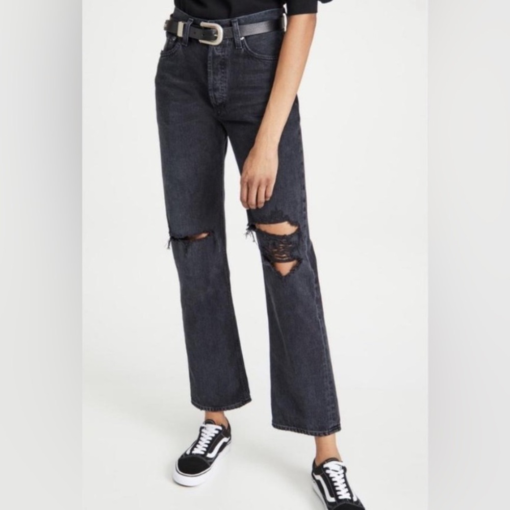 AGOLDE Lana Mid Rise Distressed Straight Leg Jeans Black Size 25
